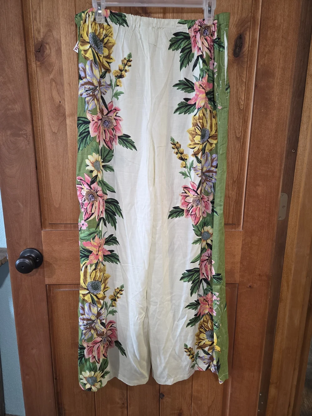 Green and Cream Floral Wide-Leg Pants with Pom-Tie Waist